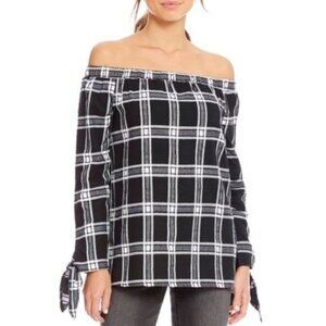 Gibson Latimer Plaid Flannel Top Size Small Off Shoulder Black White Sz S New